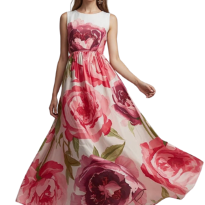 Vestido Longo Rosas Pintadas Marrom
